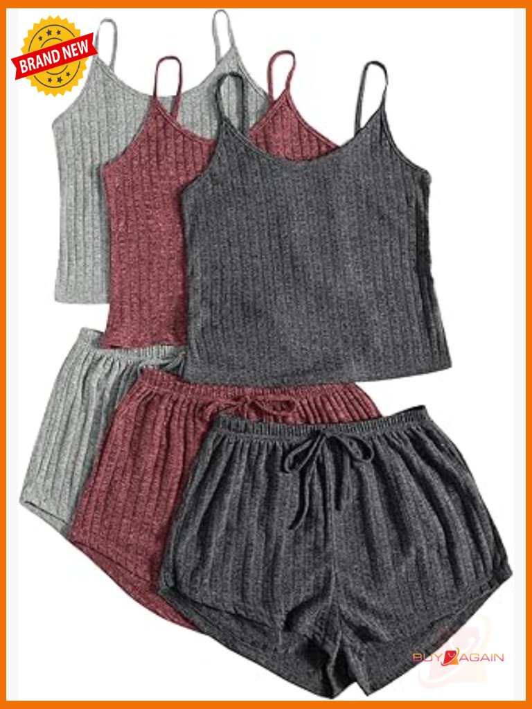 3 Sets Ribbed Pajamas Set Sleeveless Crop Top And Tie Front Shorts Lounge Set